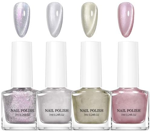 Cat Eye Nail Polish Set - 4 Colour Silver Pink Cat Eye Magnetic Nail Polish, Quick Dry Non Gel Holographic Galaxy Nail Varnish, Cateye Manicure DIY Nails Art Home Gift for Women Girls