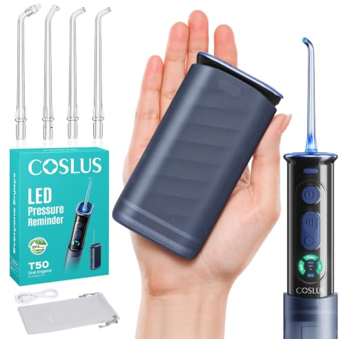 COSLUS T50 Mini Munddusche mit Display, ideal für unterwegs | Mini zahnsteinentferner, Druckanzeigeleuchte, 9 Stufen für Zahnspangen, wiederaufladbar für unterwegs, IPX7, 240 ML, Schwarz