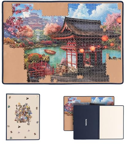 SanCallie Puzzle-Brett mit Abdeckungen – tragbare Puzzle-Matte zur Aufbewahrung von Puzzles, rutschfeste Oberfläche, für bis zu 1000 Teile (Blau/Khaki)