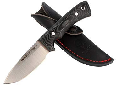 Muela Cuchillo Rhino RHINO-9M hoja de acero Sandvick 14C28N de 9 cm y empuñadura de micarta negra para Caza, Pesca, Supervivencia y Bushcraft Realizado en Ciudad Real + Portabotellas de regalo
