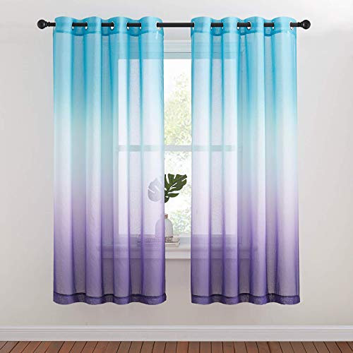 NICETOWN Gardinen Wohnzimmer Modern Kurz 2er Set H 175 x B 140 cm Vorhang Leinenoptik Halbtransparent Voile Curtain Farbverlauf Ösenvorhang Schlafzimmer, Blau+Lila