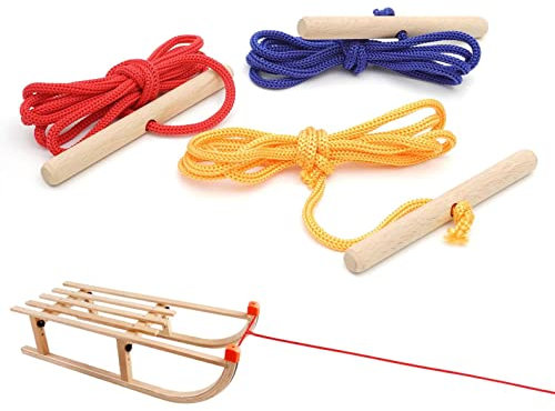 DAOUZL Schlittenseil,1,85M Schlittenleine, 3PCS Schlittenseil mit Holzgriff, Schlitten Zugseil, Schlitten Zubehör, Zugseil für Schlitten, Schlitten Schnur für Schlitten Bobs Rodel (Rot,Gelb,Blau)