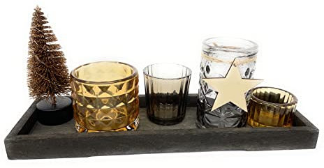 Juego de 6 portavelas con bandeja de madera, 4 portavelas de cristal y decoración de árbol de Navidad, decoración de mesa en tonos marrones