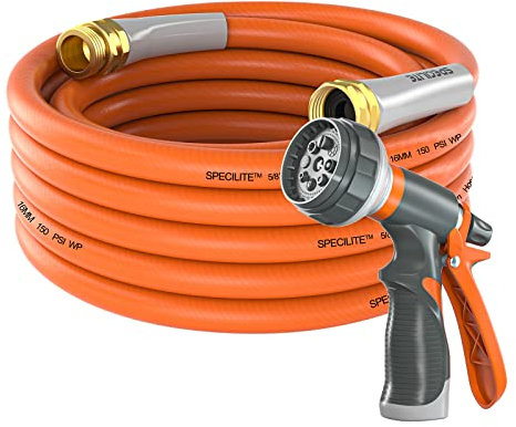 SPECILITE Gartenschlauch, 7,6 m x 1,6 cm, robust, flexibler und leichter Wasserschlauch, platzt 600 psi, knickfreier Hybrid-Gummischlauch für Hinterhof, 3/4 Zoll Messingbeschläge