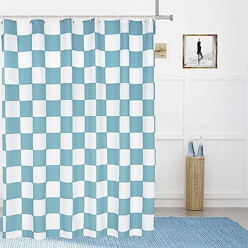 Tititex Rideau de douche esthétique en tissu imitation lin à motif damier, bleu layette, décoration moderne, 180 x 180 cm, avec 12 crochets