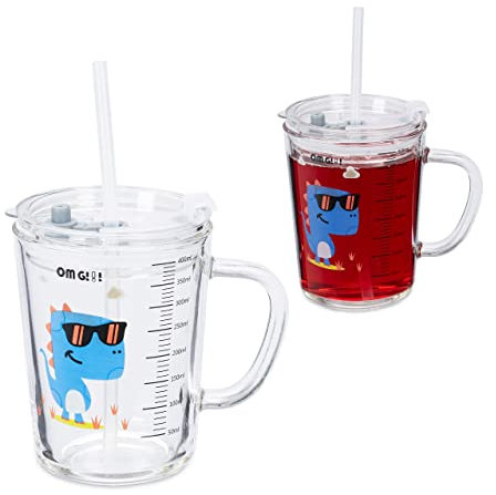 Relaxdays Set de 2 Vasos Infantiles, Diseño Dinosaurio, Jarrita Agua Niños, con Asa, Tapa y Pajita, 400 ml, Transparente, 450 ml