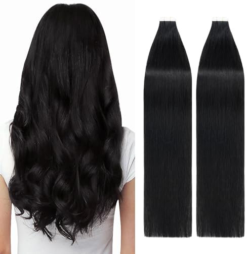 TESS Tape in Extensions Echthaar Rabenschwarz 40 Stück 100g Echthaar Tapes in Extensions Glatt Haar Schwarz Tape in Haarverlangerung Remy #1 50 cm