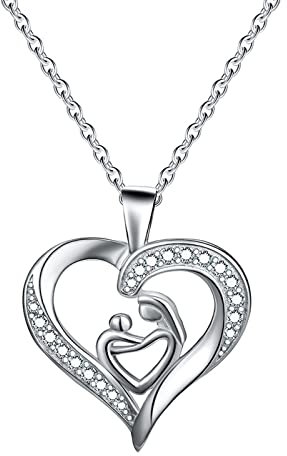 Banemi New Mom Necklace, S925 Sterling Silver Necklace for Women Cubic Zirconia Heart Mom and Child Mother Wedding Gift