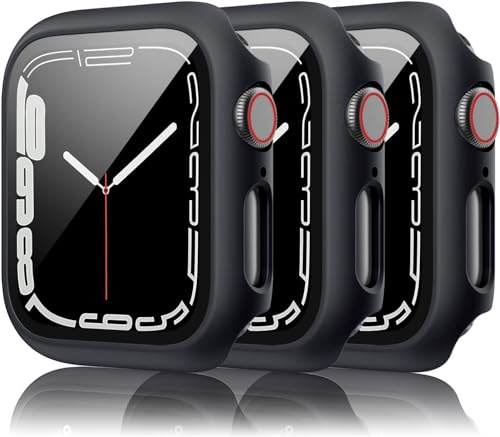 3 Pack Hard Case for Apple Watch SE/Series 6/5/4 44mm with 9H Tempered Glass Screen Protector, [Touch Sensitive] [Full Coverage] Slim Bumper Protective Cover for iWatch 44mm(Black/Black/Black)