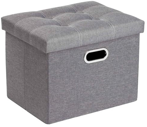 COSYLAND Pouf de Rangement Pliable en Lin avec Couvercle - Banc Coffre Multifonction 43 x 33 x 33 cm - Tabouret Repose-Pieds 150kg - Ottoman de Salon Espace de Stockage Caché, Gris Clair