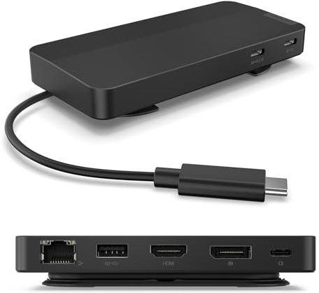 Lenovo USB-C Dual Display Travel Dock, 7 Ports, HDMI & DP Ports Support Dual Displays at 4K, Up to 100W PD Pass Through, Integrated USB-C Cable, Black