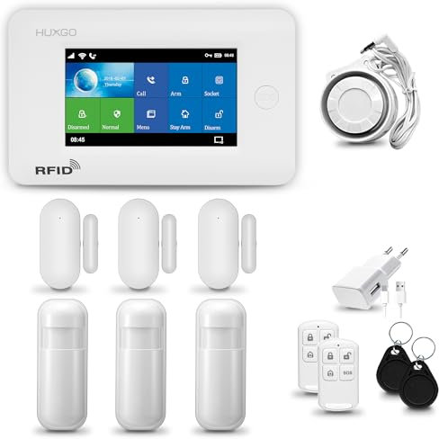HUXGO® HXA006 Alarmanlage fürs Haus WiFi + GSM Set mit Sirene | Funk Alarmanlage Wohnung mit App. TUYA |Alarm System mit 3X Bewegungssensor, 3X Fensteralarm/Türsensoren | Smart Home