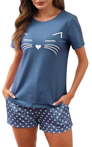 Reliwel Pyjamas, dam, kort, bomull, pyjamas-set, kortärmad, nattkläder, set, sommar, tvådelad t-shirt och dam, pyjamasbyxor, sovkläder, hemmadräkt, loungewear