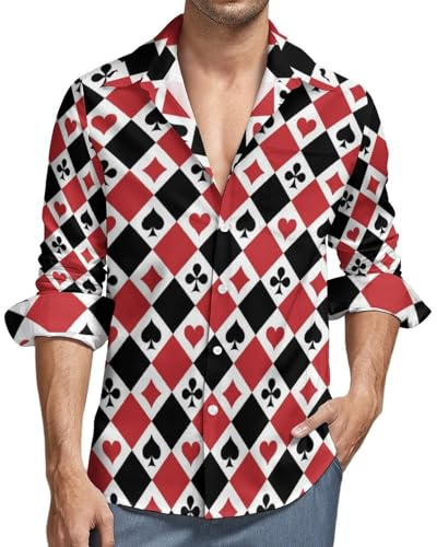Langarm-Shirts mit Knopfleiste für Herren, Spielkarten_Ein lässiges Hemd mit V-Ausschnitt, modisches Oberteil für Herren