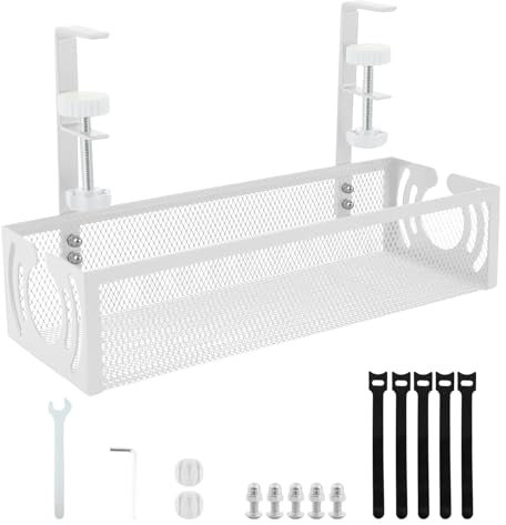 Mecmbj Cache Cable Bureau Sans Percer, Plateau de Gestion Des Câbles Sous Le Bureau, Chemin de Câbles en Treillis MéTallique avec Pince, pour Domicile(Blanc 2, 34 * 12 * 8cm)