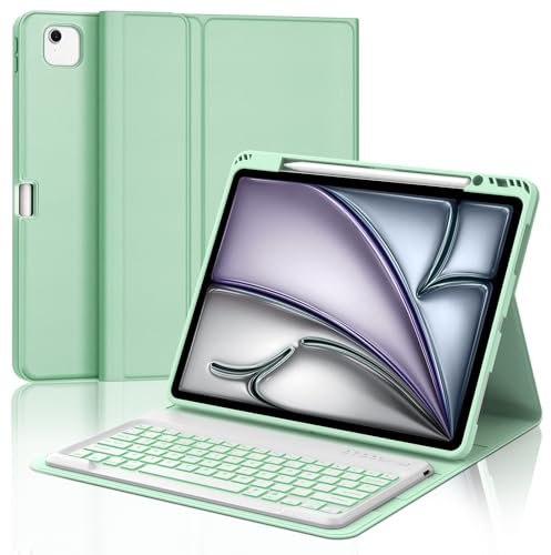 WAVATA Funda con Teclado para iPad Air 13'' M3 2025/M2 2024, Español Ñ Tecla para iPad Pro 12.9'' 2022/2021/2020/2018, Teclado Bluetooth Desmontable Retroiluminado- Verde Claro