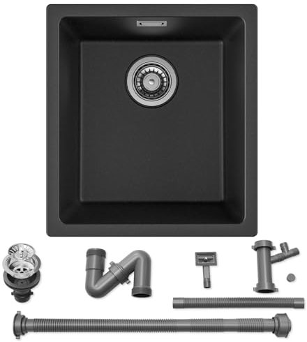 Auralum Fregadero Cocina 1 Seno 40x44 cm, Fregadero Negro de Cuarzo con Sifón, Rebosadero y Desagüe, Instalación Sobreponer/Bajo Encimera Para Muebles 40cm+
