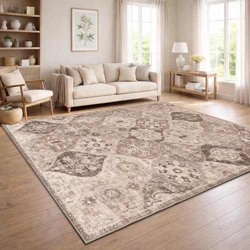 Paco Home Vintage Teppich Wohnzimmer Waschbar & rutschfest, pflegeleicht, modernes Retro Design im Boho Stil, Taupe, 160x220 cm