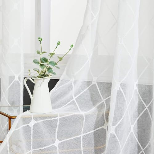 Topfinel Voile Gardinen mit Ösen Kariert Vorhänge Dekoschal mit Stickerei für Wohnzimmer Schlafzimmer 2er Set je 250x200cm (HxB) Weiß
