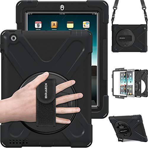 BRAECN Case for iPad 2nd/3rd/4th Generation 9.7 Inch, Heavy Duty Rugged PC Silicone Cover with Portable Shoulder Strap Built-in 360 Degree Swivel Stand/Hand Strap for Apple iPad 2/iPad 3/iPad 4, Black