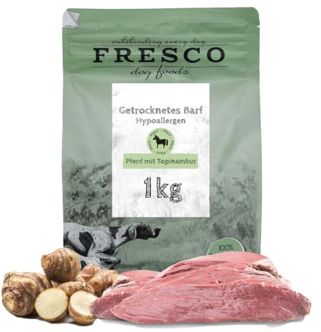 FRESCO Dog TrockenBarf für Hunde Pferd 1kg | 100% frisch | Barf Complete | Hypoallergen Menü mit Topinambur | Fettarm, viel Pferdefleisch | BARF Hundefutter trocken ohne künstliche Zusätze