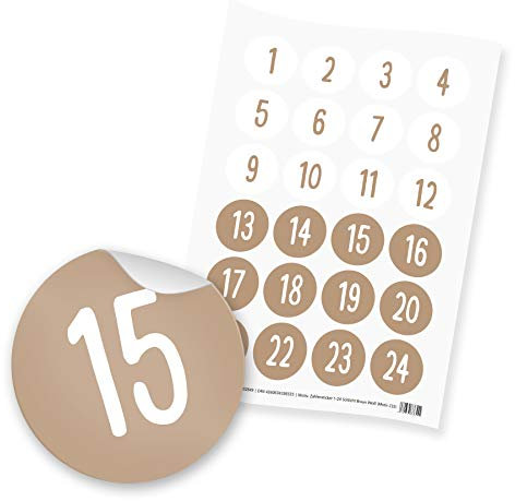 itenga 24x Sticker Zahlen Adventskalender Geschenke Aufkleber Motiv Z32 Schlicht - Ziffern von 1 bis 24 Braun Weiß