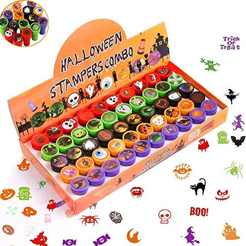 CCINEE 50 Stück Halloween-Motive, verschiedene Motive, niedliche Cartoon-Stempel für Kinder, Halloween, Partygeschenke, Süßigkeiten oder Leckereien, Tütenfüller