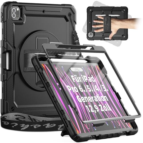 Timecity Hülle für iPad Pro 12.9 Zoll (6./5./4./3. Generation 2022/2021/2020/2018) Stoßfeste Schutzhülle mit Displayschutz Handschlaufe Schultergurt 360°-Drehbarer-Ständer Stifthalter - Schwarz