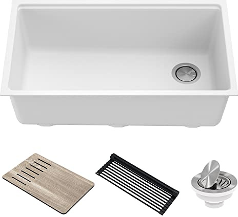 KRAUS Kitchen Sink Bellucci 32” Undermount Workstation Granite, Metallic White, Accessories, KGUW1-33WH