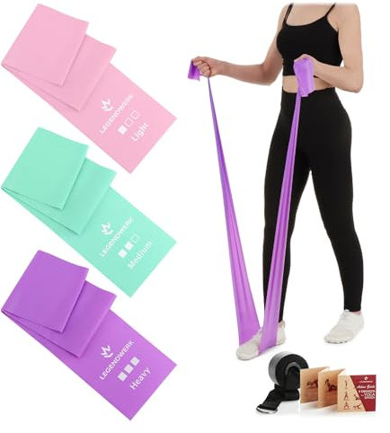 Legendwerk® 4-teiliges Fitnessband Set mit Türanker, Yoga Resistance Band, Widerstandband zum Muskelaufbau, Gymnastikband mit Fitness-Tasche und Trainingsguide (Set - pink. türkis. violett)