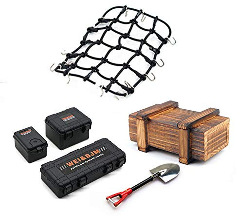 KEEDA Lot de 6 mini valises en bois, pelle, filet à bagages, accessoires de décoration pour voiture sur chenilles télécommandées 1:10 TRX4 Axial Scx10 90046 CC01 D90 D110 (noir)