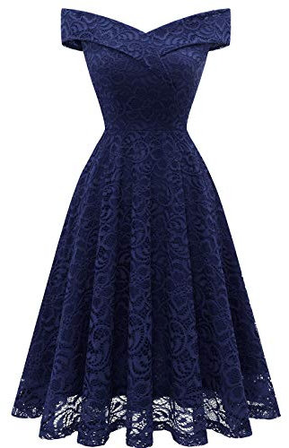 Homrain Damen 50er Jahre Kleider Festliches Spitzenkleid Abendkleider Vintage Retro Ballkleid Swing A-Linie Cocktailkleid Floralspitzen Abendkleid -1Navy XL