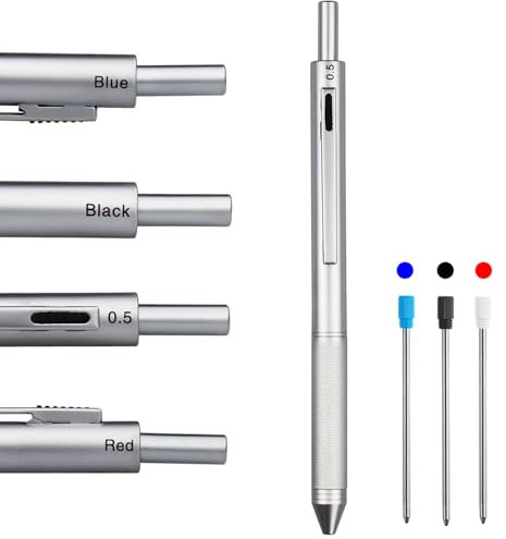 HeTaoCat Stylo multicolore 4 en 1 avec étui en métal, porte-mine 0,5 mm, stylo à bille rouge, stylo à bille bleu et stylo à bille noir (argent)
