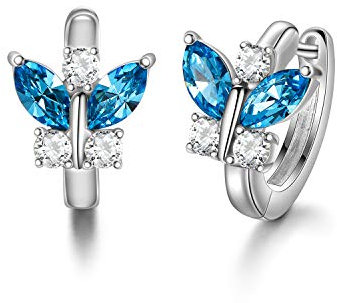 Creolen Schmetterlinge Sterling Silber 925 Kinder Ohrringe Mädchen mit Kristallen, Schmetterling Schmuck Geschenke für Frauen (Simulierter Aquamarin)