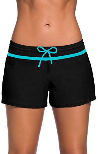 Acfoda Damen Schwimmshorts Badeshorts mit UV Schutz Bikinihose Boardshorts Schnell Trocknendes Schwimmhose Frauen Strand Kurze Badehose Sommer Bikini Shorts Wassersport Schwarz 42-44