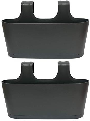 Design 2X Blumentopf Pflanzenkübel für Geländer/Balkon hängend Pflanztopf Blumenkasten in der Farbe Anthrazit mit integrierter Wasserauffangschale