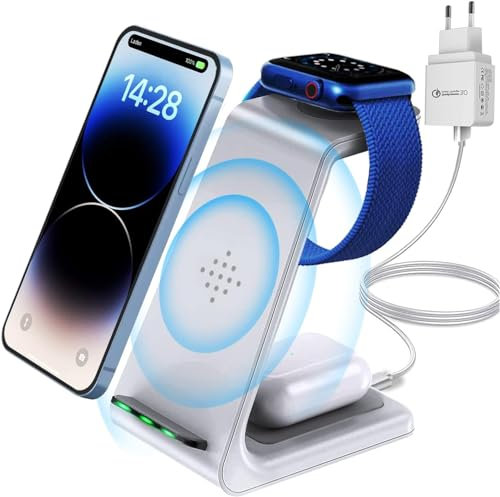 Kabellose Ladegerät 3 in 1 Wireless Charger QI induktive ladestation Kompatibel mit Apple Watch SE/6/5/4/3/2,Airpods Pro/2,iphone 13/12/11/Pro Max/Samsung und Qi Telefone-Weiß(Mit Adapter)