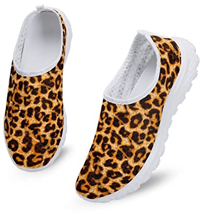 Dolyues Damen Wanderschuhe zum Hineinschlüpfen mit braunem Tier Leopardenmuster, lässige, leichte, Flache Mesh Trainer Turnschuhe