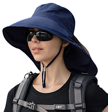 AIDIER Femme Chapeau de Soleil avec à Large Bord Anti UV Floppy Chapeau de Pêche de Protection du Cou Casquette de Queue de Cheval pour Voyage Cyclisme Plage Jardinage Chapeau d'été UPF 50+