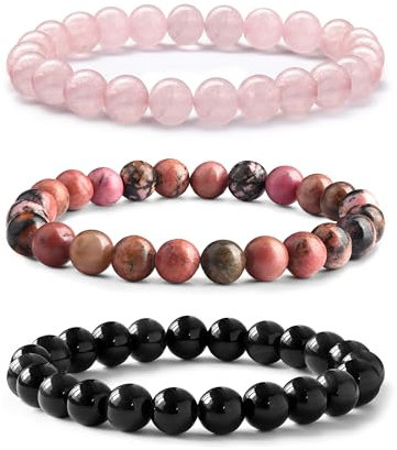 Adramata 3 Stück 8mm Natürliche Edelstein Armband für Damen Herren Chakra Armband Schutz Armbänder Stapelbar Armband Set Natürlicher Rosenquarz/Rhodonit/Schwarzer Obsidian Perlen Armband
