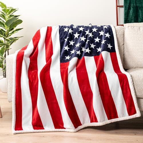 PAVILIA Patriotische Decke mit US-Flagge, amerikanische Nationalflagge, Überwurfdecke für Sofa, Couch, Bett, weiche Mikrofaser, Sherpa-Fleece, wendbar, USA-Militärveteranen, 4. Juli, Geschenk, 127 x