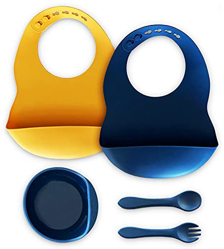 Abraladis Baberos bebe silicona + plato ventosa + cubiertos infantiles Sin BPA. Baberos bebe impermeables antiderrame para bebe recien nacido + blw + cuchara silicona bebe niña niño. Vajillas bebe.