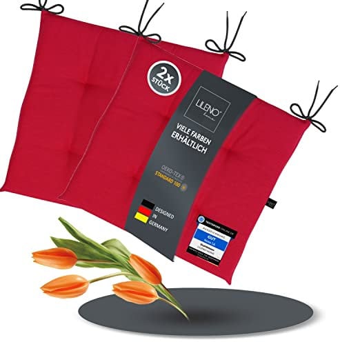 LILENO HOME 2er Set Stuhlkissen Rot (40x40x4,5 cm) - Sitzkissen für Gartenstuhl, Küche oder Esszimmerstuhl - UV-beständige Indoor u. Outdoor Stuhlauflage als Stuhl Kissen (Laura FUM)
