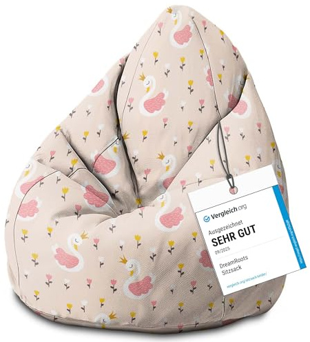 DreamRoots Sitzsack Kinder 70x70x105, Swan with Tulips Flowers | Bean Bag Kinder mit Lehne, Hocker & Bezug, Sitzkissen Boden, Bubibag, mit Füllung, Kinderzimmer