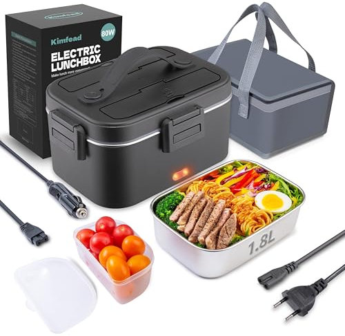 Kimfead Fiambrera Eléctrica 80W Acero Inoxidable 1,8 L Taper Electrico para Comida 12V/24V/230V, Calentador de Comida para Coche/Camión/Oficina, bolsa comida Trabajo(1.8L-Negro)