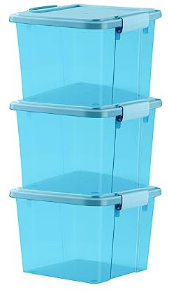 GONICVIN Cajas de almacenamiento de plástico con tapas, 3 paquetes de contenedores apilables de 25 litros con asas para el hogar y la oficina