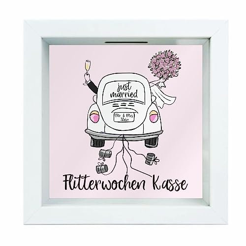 4you Design Personalisierter Bilderrahmen Spardose Flitterwochen Just Married mit Namen, Verpackung für Geld zur Hochzeit, Hochzeitsgeschenk und Finanzspritze, Geldgeschenk zur Hochzeit, 18x18x5cm