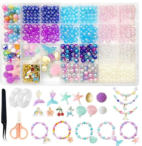 Perlen Set zum Auffädeln, DIY Armband Halskette Bastelset mit Perlen Pastell Bastelperlen, Meerjungfrau Anhänger, Kreatives Bastelset Geschenke für Mädchen