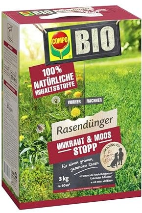 COMPO BIO Rasendünger Unkraut & Moos Stopp - verhindert Ansiedlung von Moos und Unkräutern - 100% natürliche Inhaltsstoffe - 3 kg für 60m²