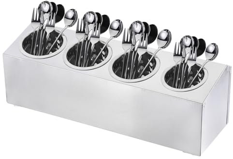Uxcell Stainless Steel Utensil Holder, Cylinder Flatware Silverware Cutlery Holder with 3 Compartments, Caddy Drying Rack Countertop Silverware Organizer for Buffets (4 Holes)